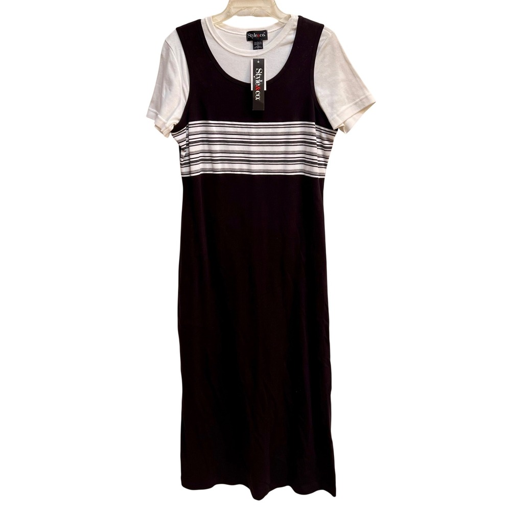 Style & Co Womens 2 Piece Set White Tee Black Striped Maxi Dress Large NWT